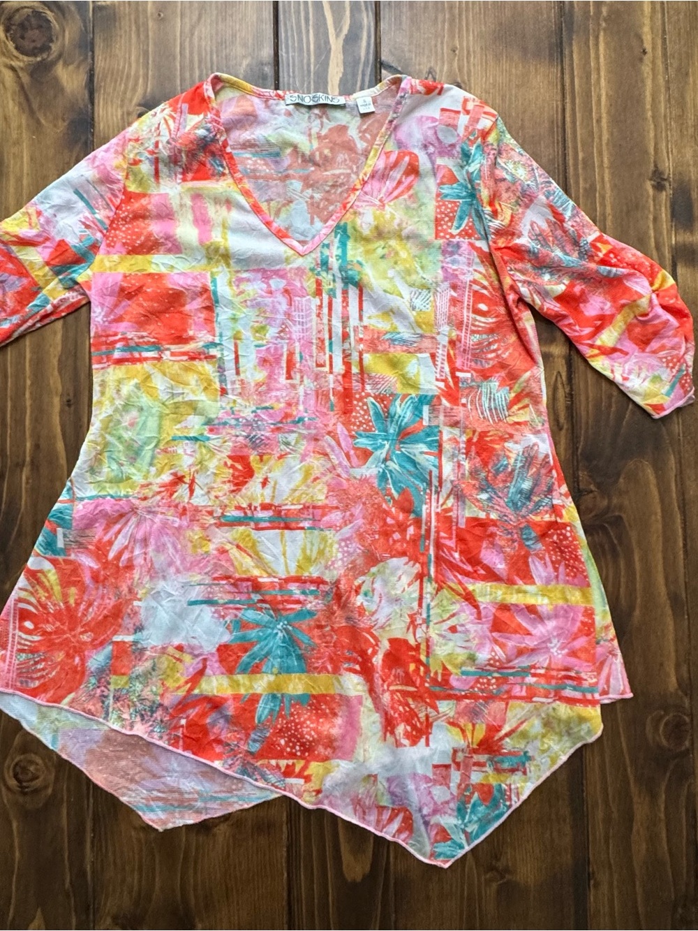 SNO SKINS Coral, Aqua & Yellow Abstract V-Neck Tunic